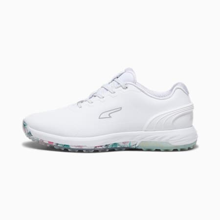 PUMA x PALM TREE CREW Alphacat NITRO Men's Golf Shoes, PUMA White-AQUA GREEN-SHOCKING PINK, small