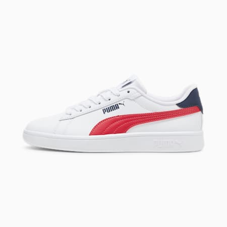 Smash 3.0 Leather Sneakers Youth, PUMA White-Club Red-Club Navy, small