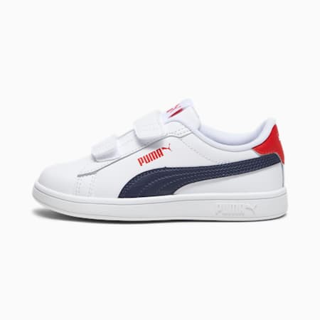 Smash 3.0 Leather V Sneakers Kids, PUMA White-PUMA Navy-For All Time Red, small
