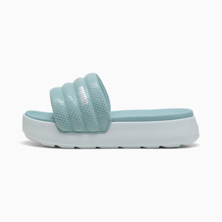 Karmen Slide Puffy Animetal Women s Sandal in Turquoise Surf Dewdrop Silver Size 4 by PUMA