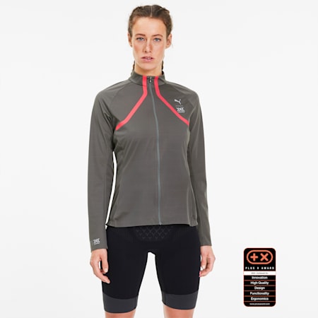 PUMA by X-BIONIC RainSphere Women's Running Jacket, Charcoal Gray-Pink Alert, small-SEA