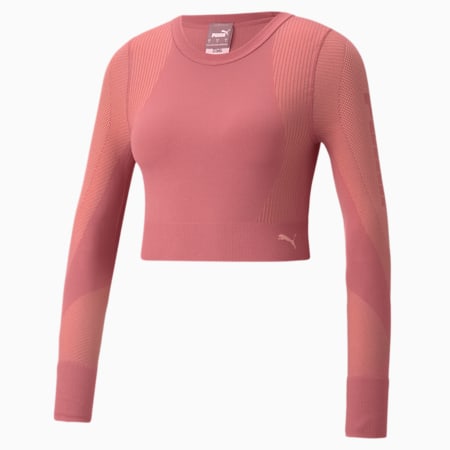 Seamless Long Sleeve Fitted Women's Training Tee, Mauvewood-Peach Parfait, small-GBR