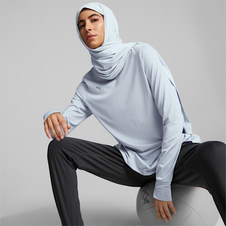 Kaus Latihan Lengan Panjang Modest Activewear Wanita, Platinum Gray, small-IDN