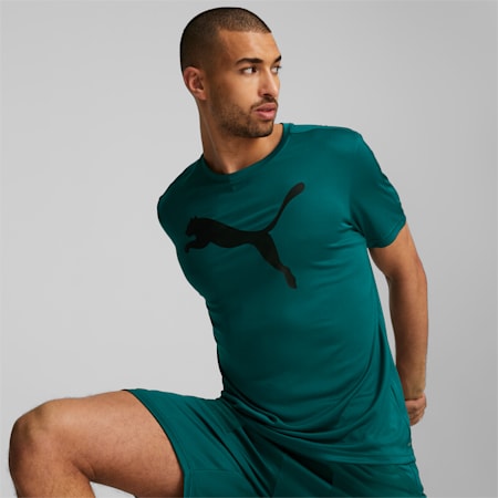 เสื้อยืดออกกำลังกายคอกลมผู้ชาย Fit Commercial Logo Training Tee, Varsity Green, small-THA