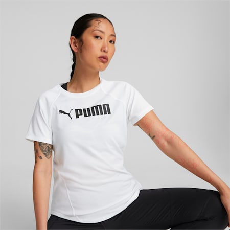 เสื้อยืดออกกำลังกายผู้หญิงโลโก้ PUMA Fit, Puma White, small-THA