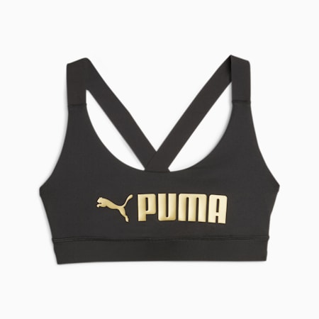 PUMA Fit Mid Impact Training Bra, PUMA Black-PUMA Gold, small-PHL