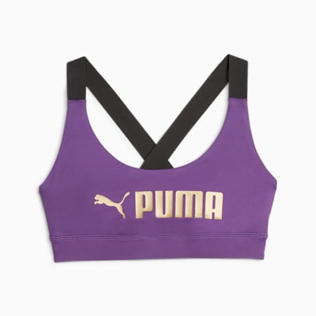 PUMA Fit Women's Mid Impact Training Bra, Purple Pop-PUMA Gold, small-AUS