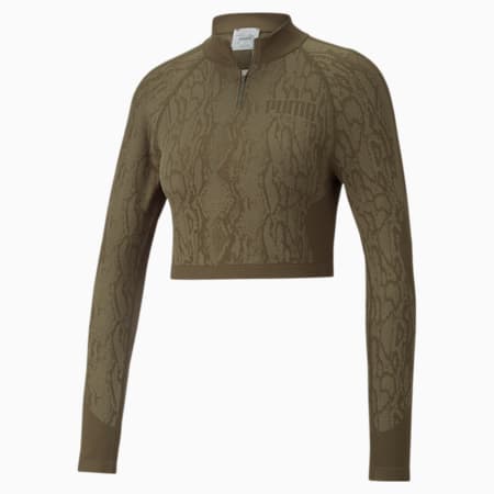 Nahtloses Crop-Sweatshirt mit kurzem Reißverschluss für Damen, Deep Olive-snake print, small
