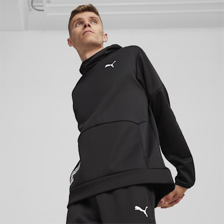 Train All Day PWRFleece Hooded Training Sweatshirt Men, PUMA Black-White cat, small