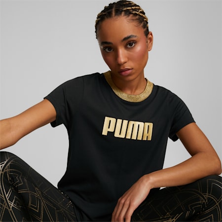 Deco Glam Short Sleeve Training Tee Women, Puma Black-deco glam, small-PHL