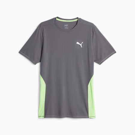 RUN FAVOURITE Men's Short Sleeve Running Tee, Cool Dark Gray-Speed Green, small-NZL