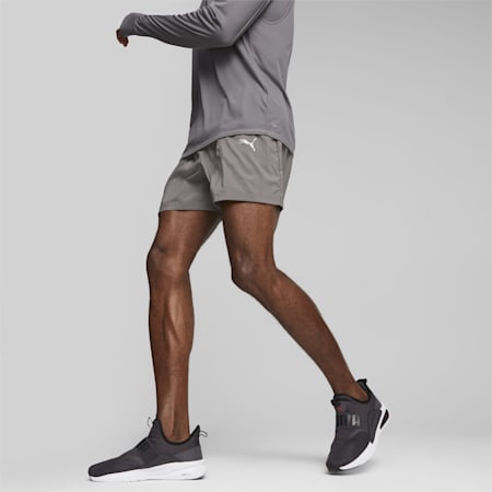 Run Favourite Men's Woven 5'' Running Shorts, Cool Dark Gray-Speed Green, small-AUS