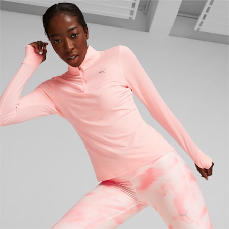 Camiseta de running para mujer Run Favourite con cremallera de un cuarto, Koral Ice, small