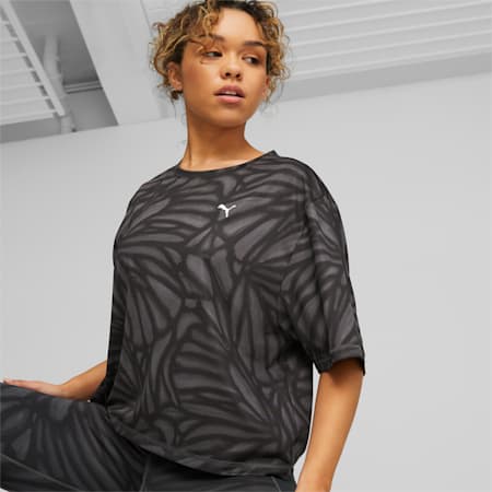 Train Favourite Printed Training Crop Tee Women, PUMA Black-Marble, small