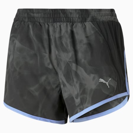 Run Favourite Velocity bedrukt 3" short voor dames, PUMA Black-Elektro Purple-AOP, small