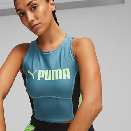 PUMA FIT Women's Eversculpt Training Tank Top, Bold Blue-Speed Green, small-PHL