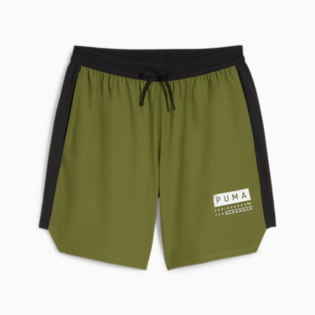 FUSE 7" 4-way Men's Training Stretch Shorts, Olive Green, small