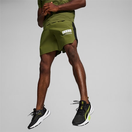 FUSE 7" 4-way Men's Training Stretch Shorts, Olive Green, small