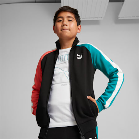 Iconic T7 Youth Track Jacket, Puma Black-Deep Aqua, small-PHL