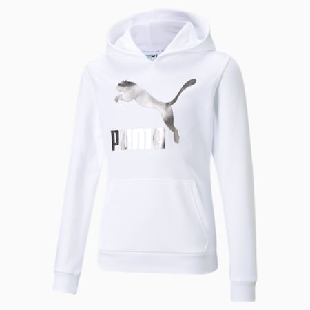 Classic Girls' Logo Hoodie, Puma White-foil, small