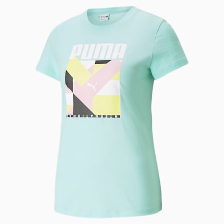 PUMA International Damen T-Shirt mit Grafikprint, Beach Glass, small