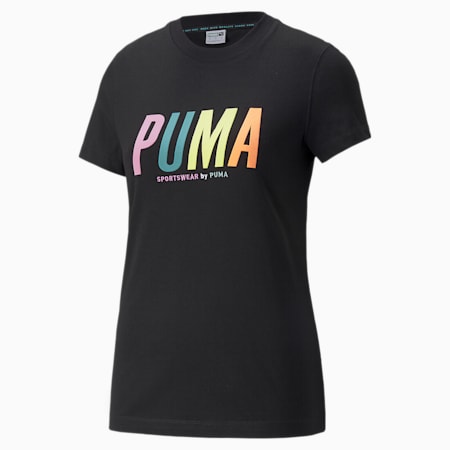 Camiseta deportiva estampada PUMA para mujer, Puma Black, pequeño