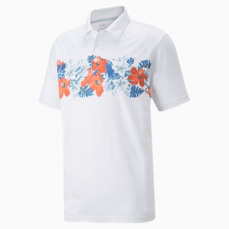 CLOUDSPUN Abaco Men's Golf Polo Shirt, Bright White-Hot Coral, small