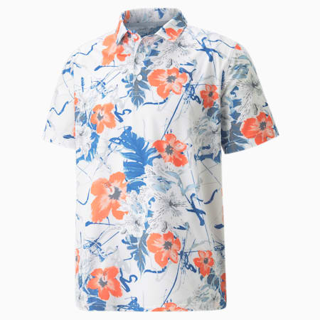 Nassau Men's Golf Polo Shirt, Bright White-Hot Coral, small