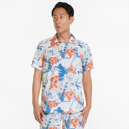 Nassau Men's Golf Polo Shirt, Bright White-Hot Coral, small