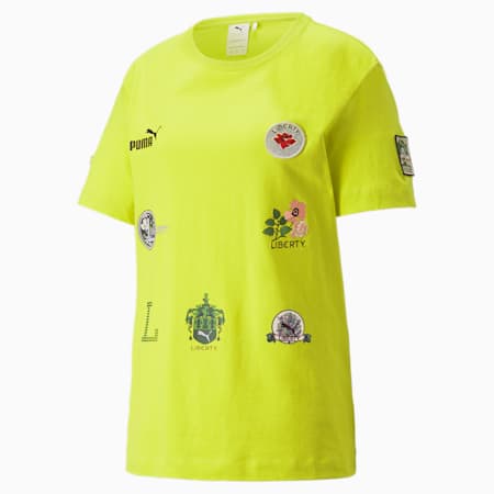 PUMA x LIBERTY T-shirt met badge voor dames, Sulphur Spring, small