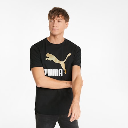 Classics Logo Metallic Men's Tee, Puma Black-Gold, small-PHL