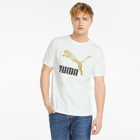 Classics Logo Metallic Men's Tee, Puma White-Gold, small-PHL