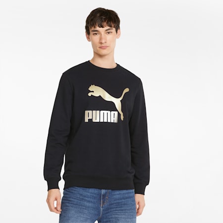 Classics Metallic Logo Crew Neck Men's Sweater, Puma Black-Gold, small-PHL