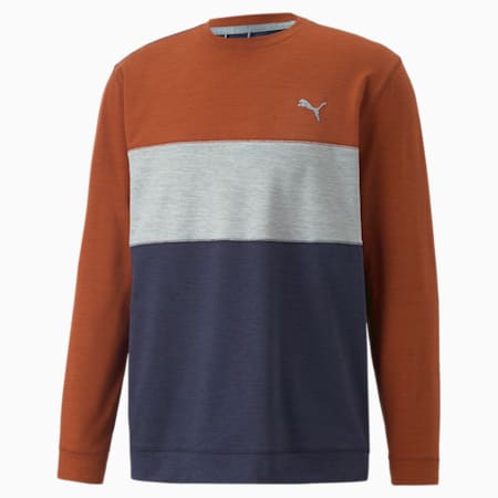 CLOUDSPUN Colorblocked Herren Golf Sweatshirt mit Rundhalsausschnitt, Warm Chestnut Heather-Navy Blazer Heather, small