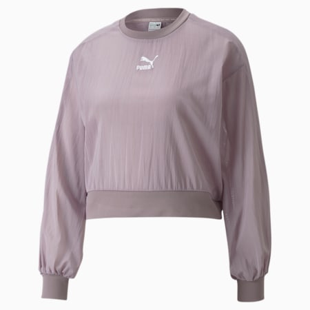 T7 Damen-Sweatshirt mit Rundhalsausschnitt und Ballonärmeln aus Netzstoff, Quail, small