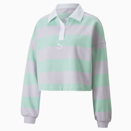 SWxP Striped Long Sleeve Polo Shirt Women, Lavender Fog, small-PHL