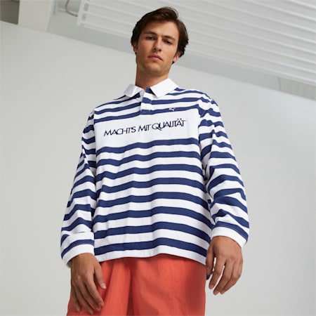 MMQ Sail To Bay Pattern Long Sleeve Polo Shirt, Elektro Blue, small-AUS