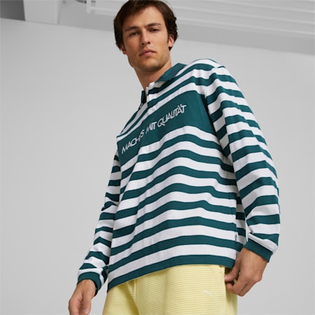 MMQ Sail To Bay Pattern Long Sleeve Polo Shirt, Varsity Green, small-AUS
