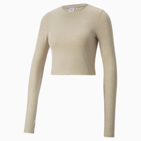 INLAND Cropped Long Sleeve Tight Tee Women, Light Sand, small-DFA