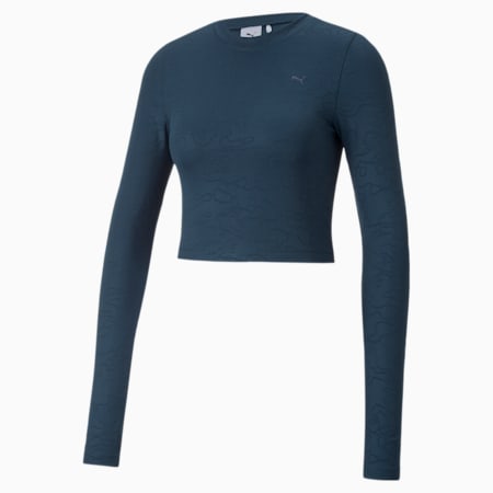 INLAND Cropped Long Sleeve Tight Tee Women, Marine Blue, small