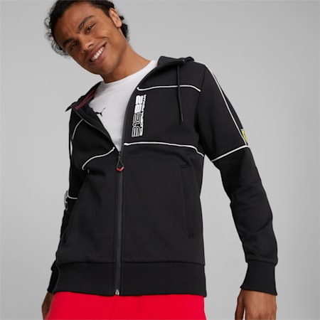 เสื้อแจ็คเก็ตผู้ชาย Scuderia Ferrari Race Hooded Sweat Jacket, Puma Black, small-THA