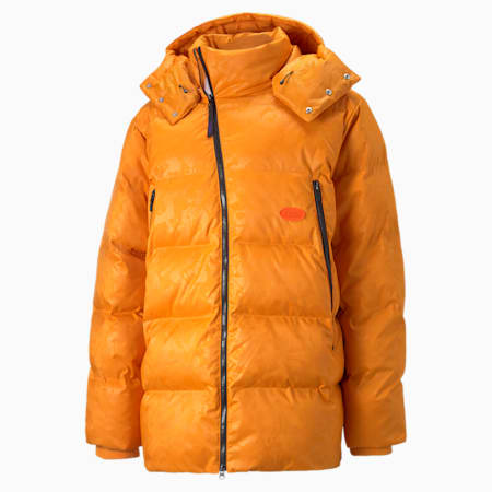 남성 푸마 x 퍽스앤미니 오버사이즈 롱 푸퍼 자켓/PUMA x P.A.M. Oversized Long Puffer Jacket, Orange Brick--AOP, small-KOR
