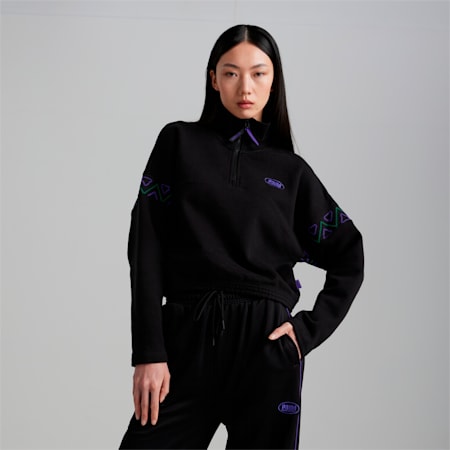 PUMA x PERKS AND MINI Women's Half-Zip Sweatshirt, Puma Black, small-AUS
