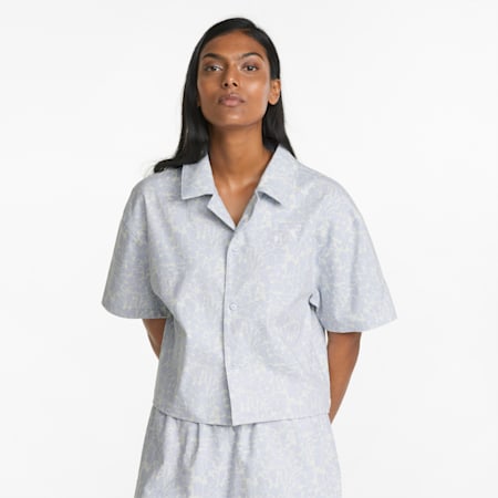 Summer Resort Twill Short Sleeve Women's Shirt, Arctic Ice-AOP, small-SEA