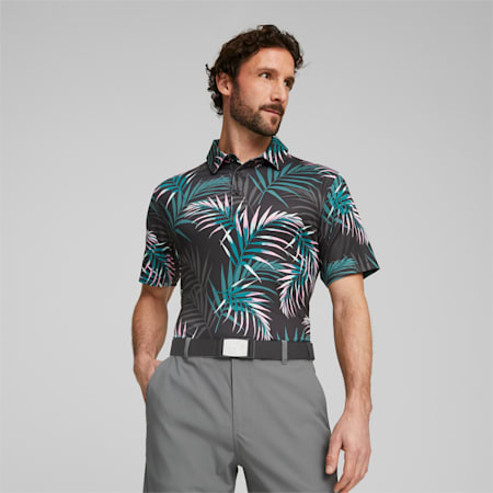 CLOUDSPUN Palm Leaf Golf Polo Shirt Men, PUMA Black-Green Lagoon, small-AUS