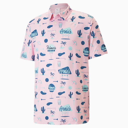 PUMA x Arnold Palmer CLOUDSPUN Golf Polo Shirt Men, Pale Pink-Lake Blue, small