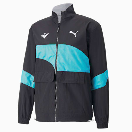 Melo Clyde Basketball Jacket Men, Puma Black-Sunset Glow, small-PHL