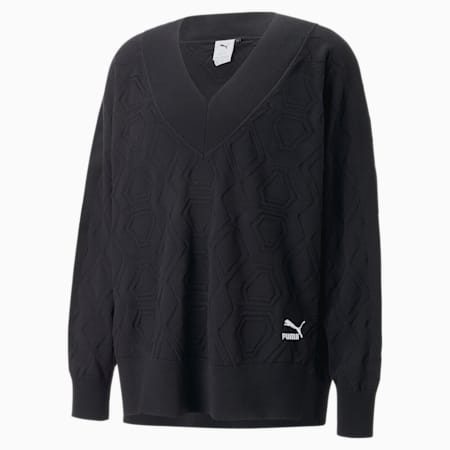 LUXE SPORT Oversized V-neck Sweatshirt, PUMA Black, small-PHL