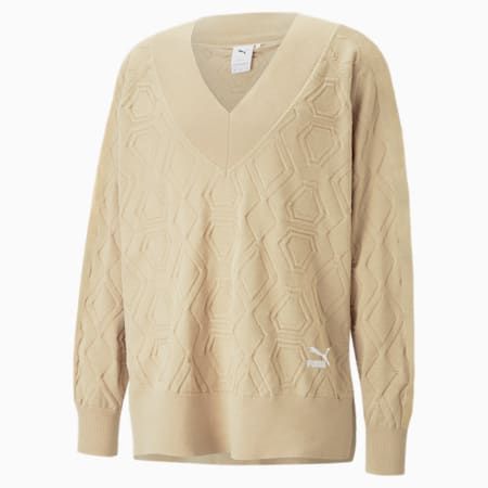 LUXE SPORT Oversized V-neck Sweatshirt, Light Sand, small-DFA