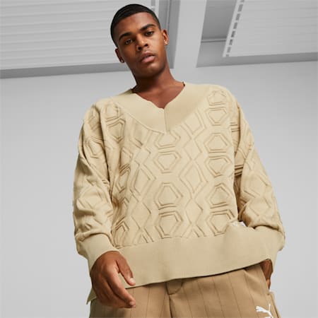 LUXE SPORT Oversized V-neck Sweatshirt, Light Sand, small-DFA